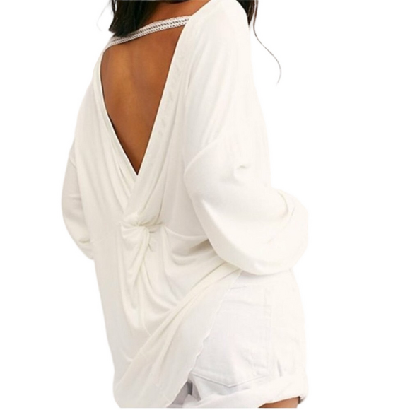FREE PEOPLE Medium Ivory Shimmy Shake Top Deep V-Back Boho Oversized Casual - Picture 2 of 14
